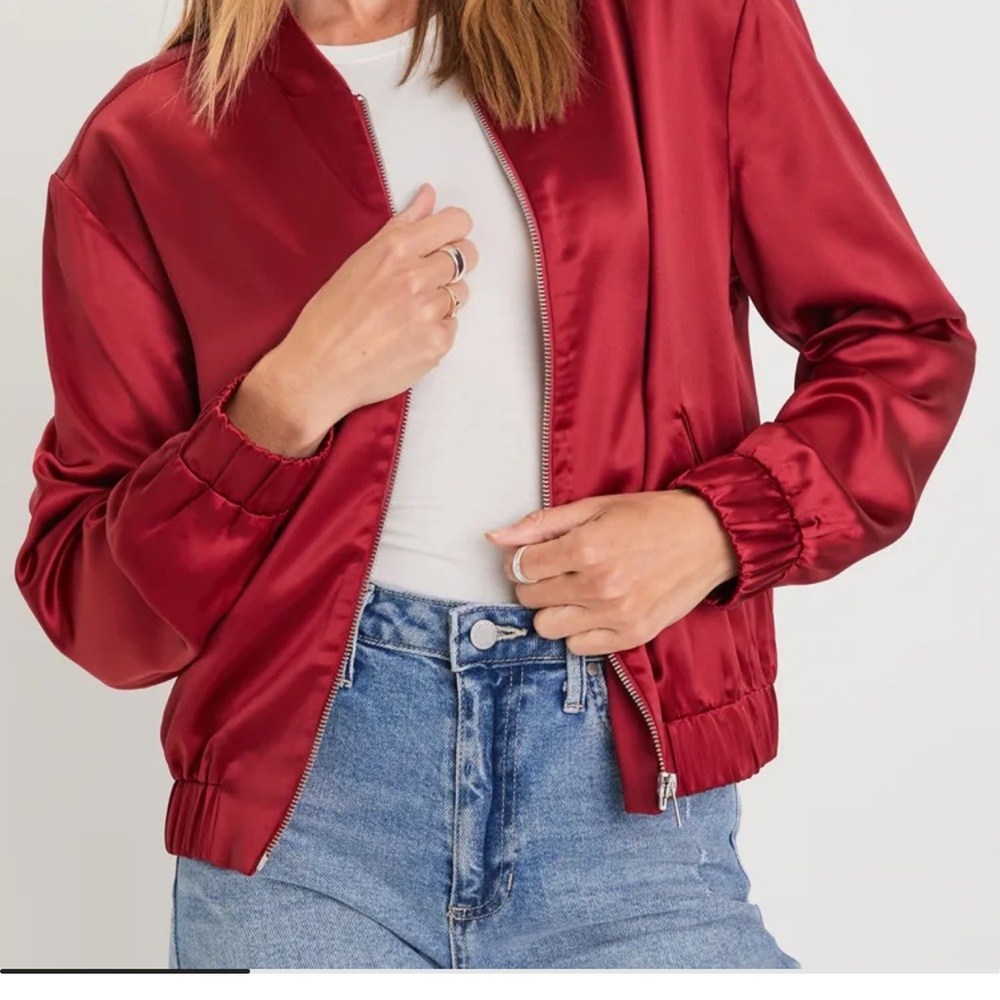 Lulu’s Trendy Presence Wine Red Satin Bomber Jacket